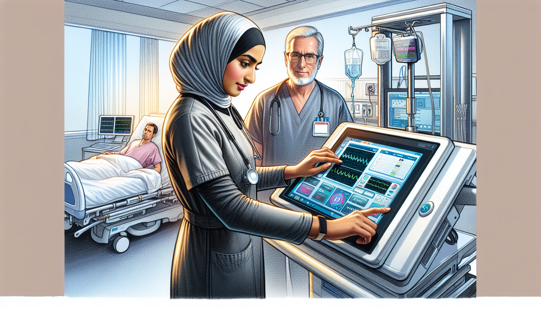 Illustration of nurse implementing informatics innovation at the bedside